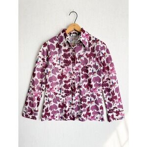 Vintage Jane Colby 70s Equestrian Horse Print Dagger Collar Blouse Purple S